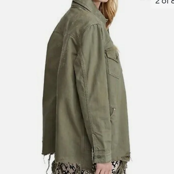 Free People Moonchild Distressed Denim Jacket / Shacket Olive Size Small - Picture 2 of 8